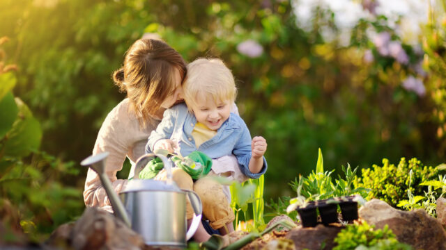 Beautiful Young Woman And Her Cute Son Planting Seedlings In Bed