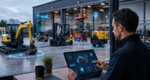 Equipment rental manager using AI-powered software to monitor construction machinery, fleet location, asset status, and rental operations in real time.