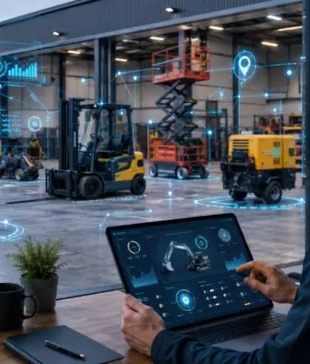 Equipment rental manager using AI-powered software to monitor construction machinery, fleet location, asset status, and rental operations in real time.