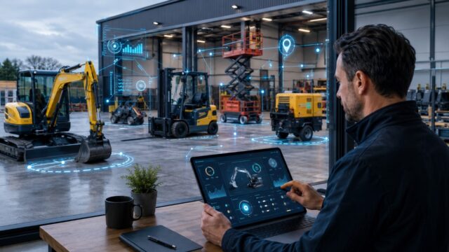 AI-Powered Equipment Rental Software Dashboard Equipment rental manager using AI-powered software to monitor construction machinery, fleet location, asset status, and rental operations in real time.